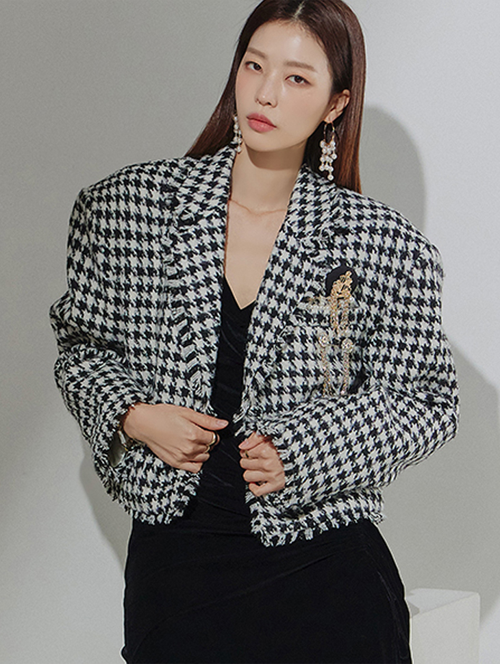 J1692 hound tooth Check fringe Double Jacket(brooch SET)*quilted lining* Korea