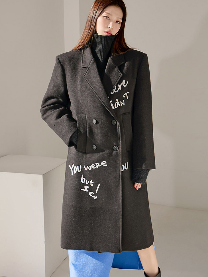 J1702 wool Lettering Double Button Long coat*quilted lining* Korea