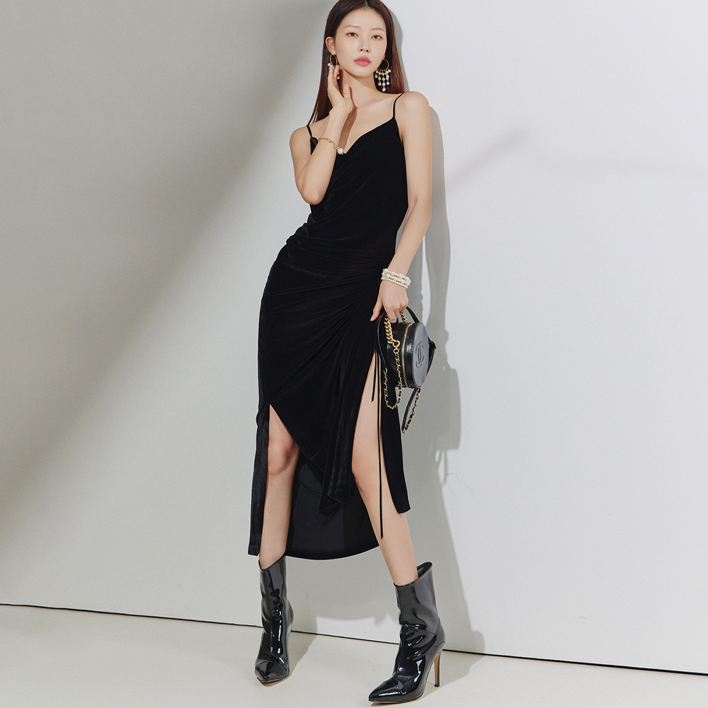 D4601 velvet Shirring Unbalance Sleeveless Dress(String adjustable) Korea