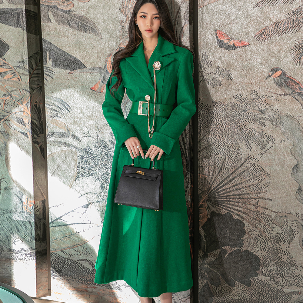 J1675 Tweed A-line Long coat(brooch,Belt set)*GREEN MADE DINT*(3rd REORDER) Korea