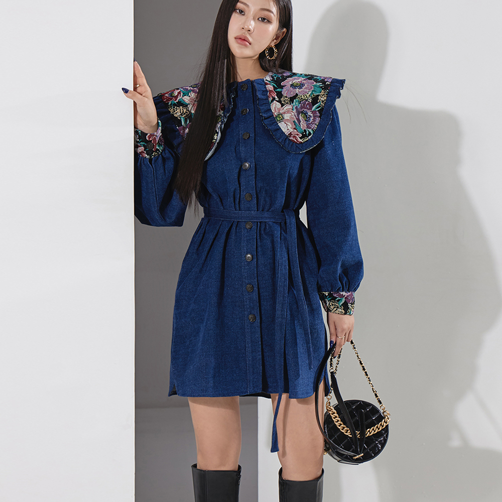 D4603 리아 floral Big Collar Mini Dress(Belt set)(12nd REORDER) Korea