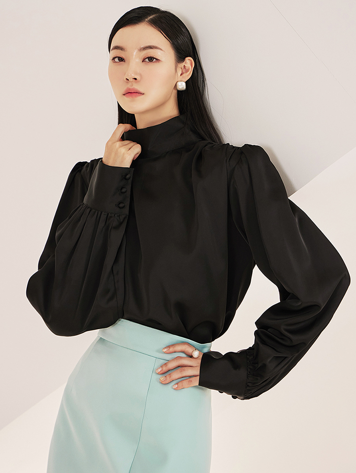 B2788 Satin Pad high neck blouse Korea
