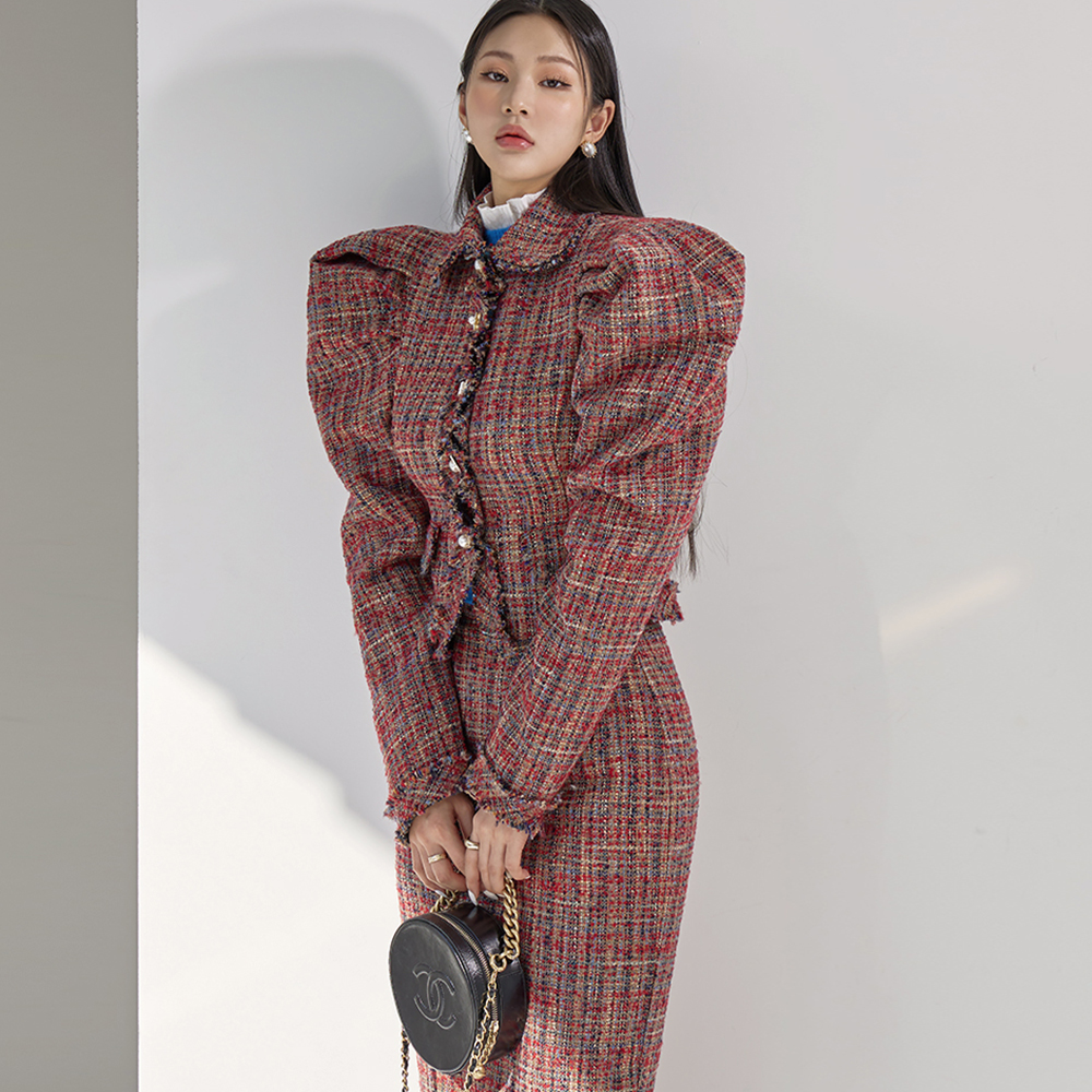 J9213 Tweed wool pin tuck Puff single Crop Jacket Korea