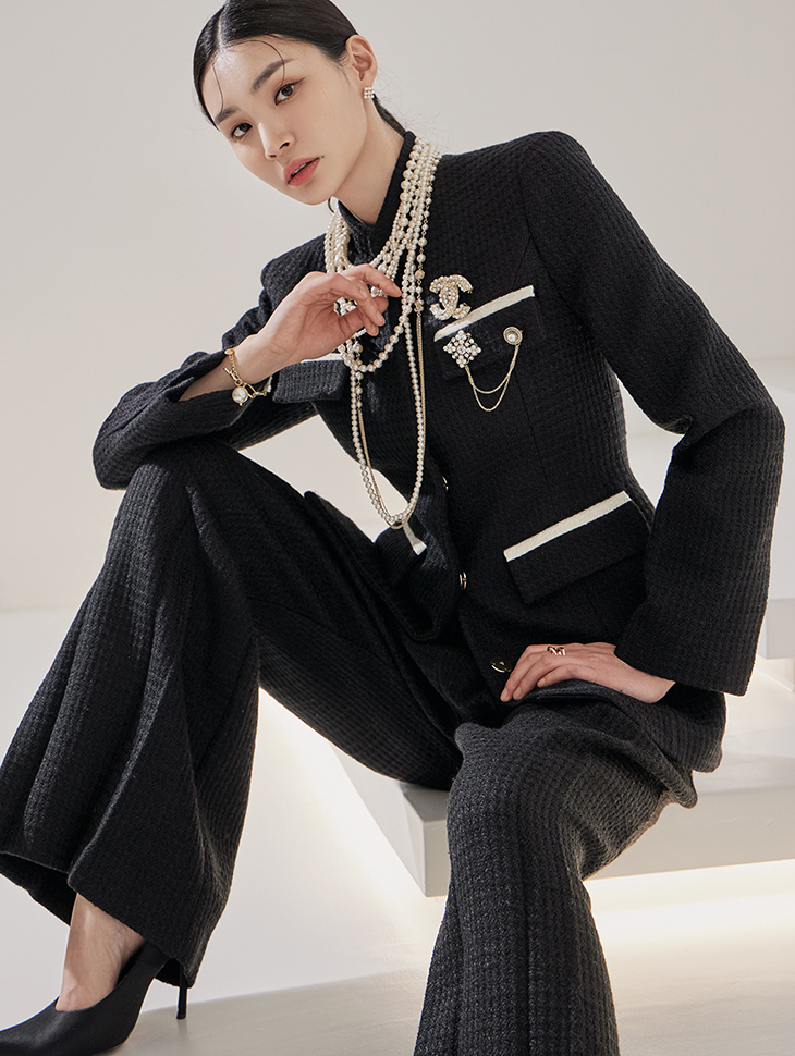 J1756 Tweed Mandarin collar single Jacket Korea