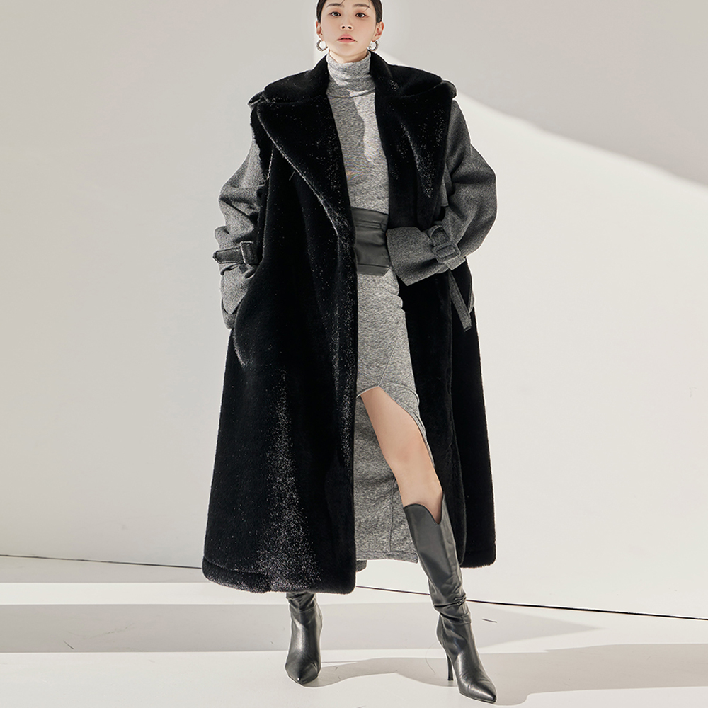 J9216 wool fur Color scheme trench Long coat(Belt set) Korea