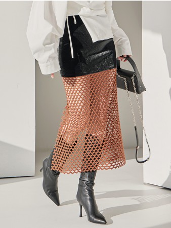 SK9176 Leather Net See-through midi skirt Korea