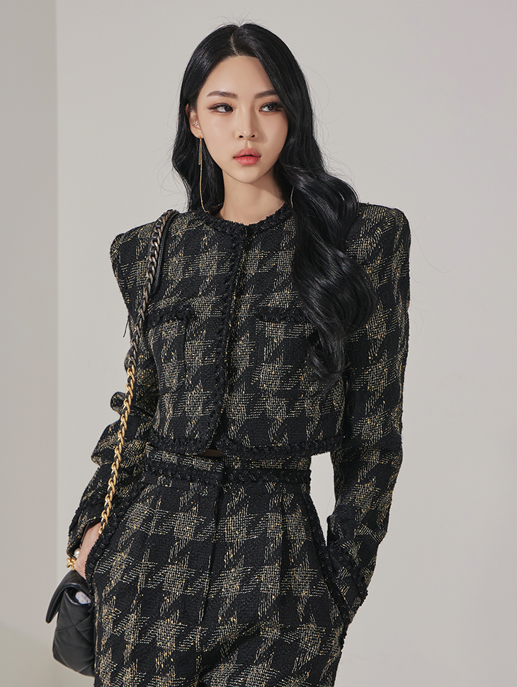 J9223 wool Tweed fringe Crop single Jacket Korea
