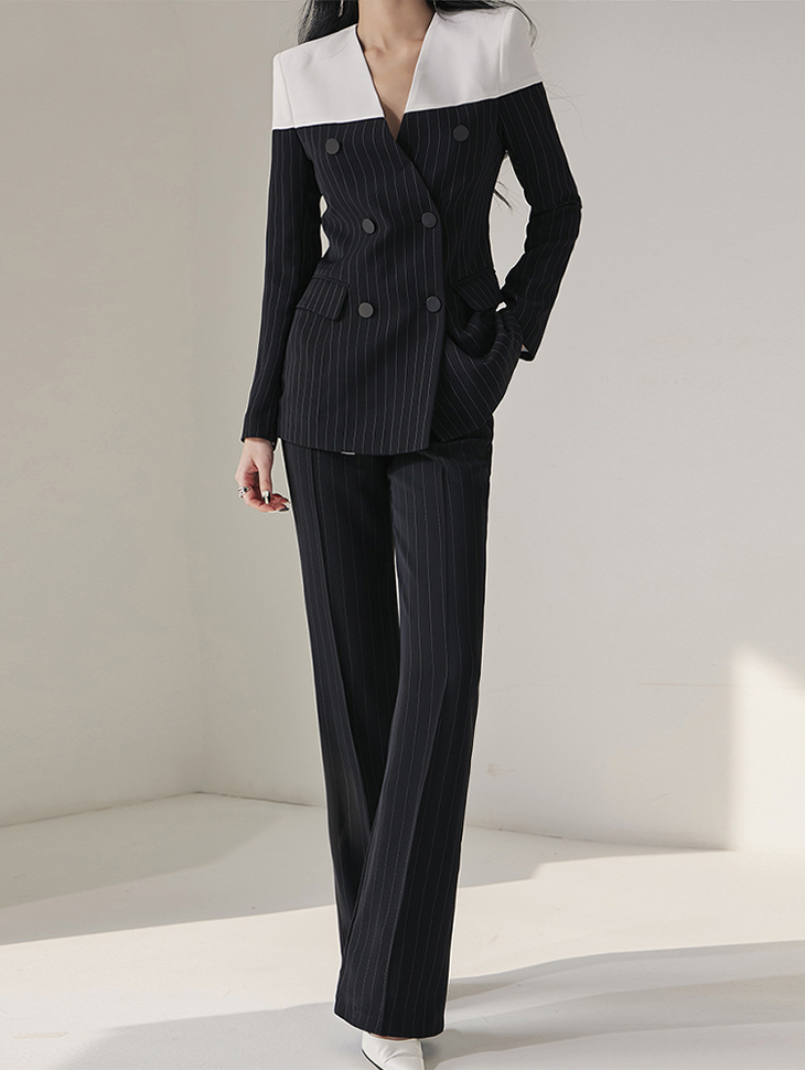 TP1109 Striped Collarless Jacket Suit Set Korea
