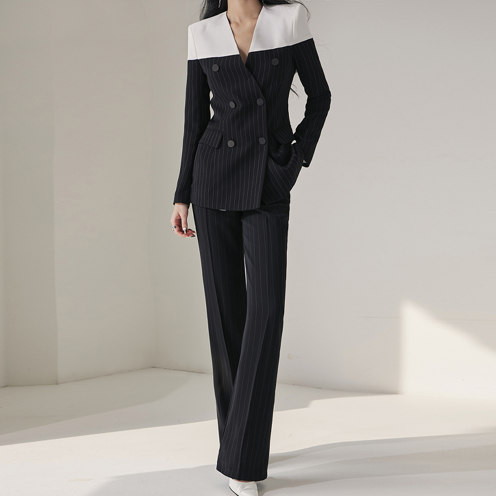 TP1109 Stripe Color Scheme Collarless Double Jacket Suit Set*L size Available* Korea