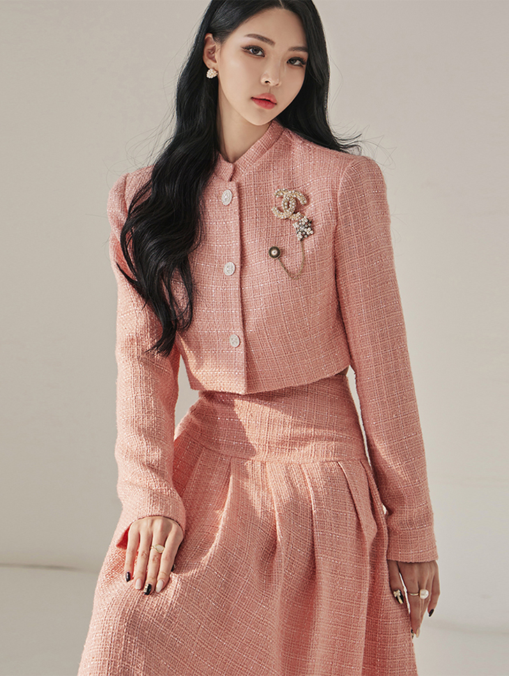 J1341  Tweed Half-high neck Pad Crop Jacket(3rd REORDER)(PINK /In stock in mid-February， scheduled to be shipped sequentially) Korea