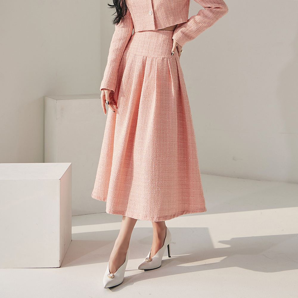 SK2215 Tweed pin tuck flare Long skirt(6th REORDER)(PINK /In stock in mid-February， scheduled to be shipped sequentially) Korea