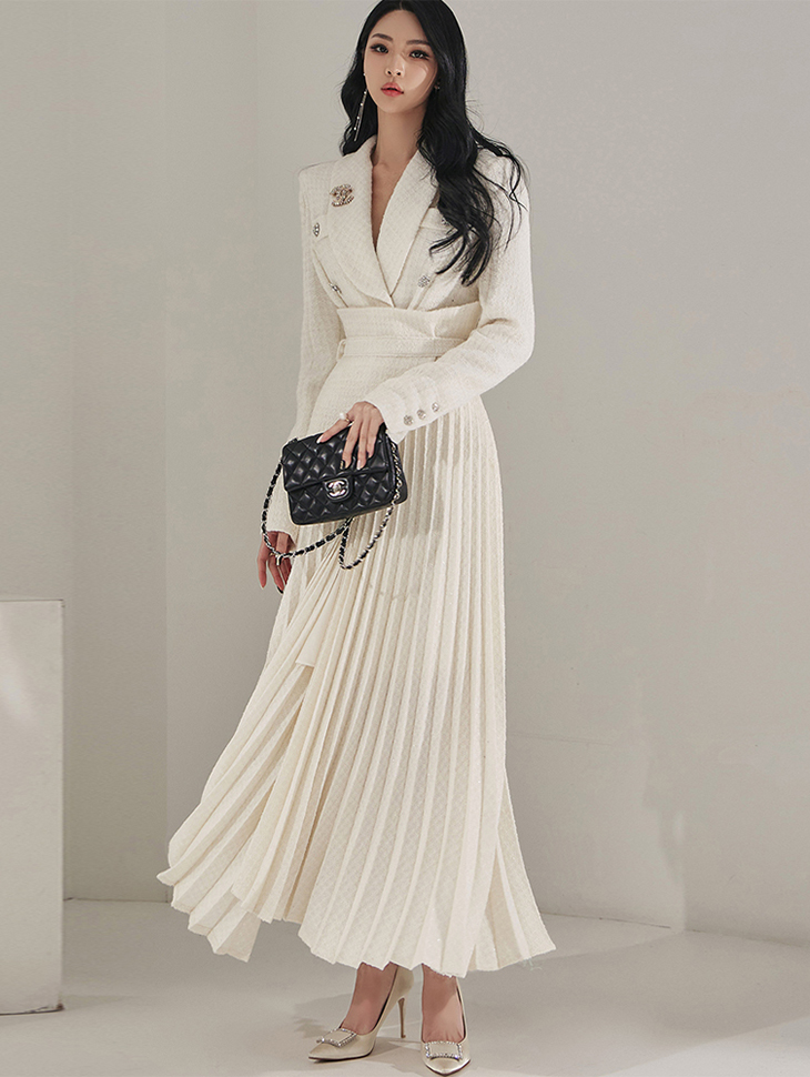 D4612 Wool Tweed Long Dress(Belt Set) Korea