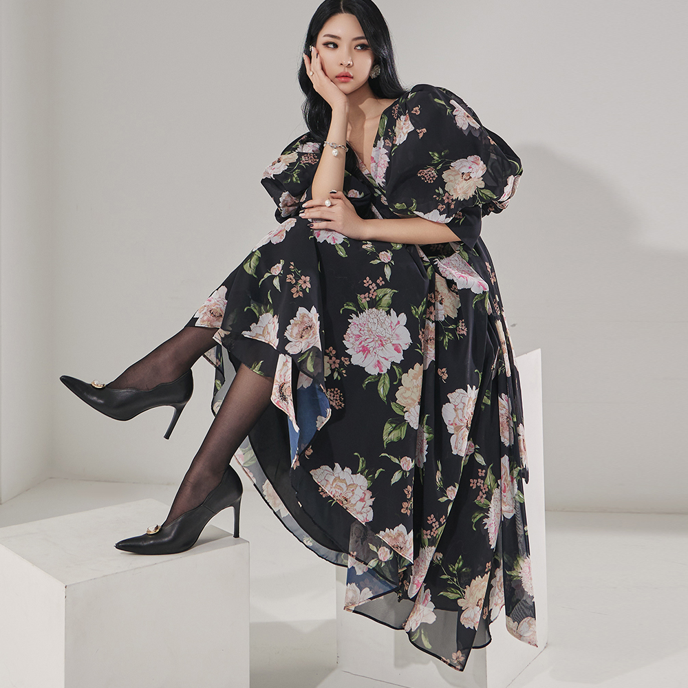 D9348 Flower Printing Puff warp Long Dress Korea