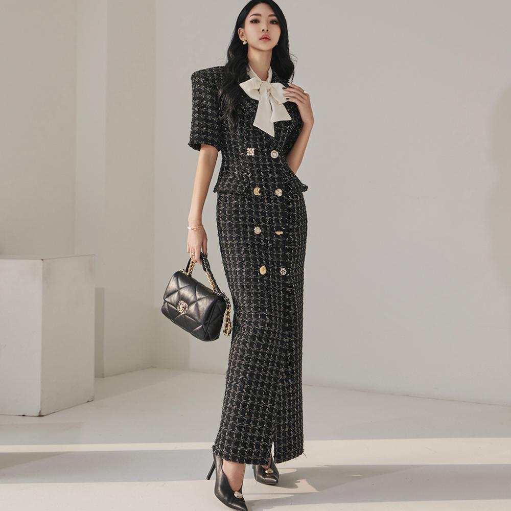 D9399 Tweed wool Half Slim Maxi Dress Korea