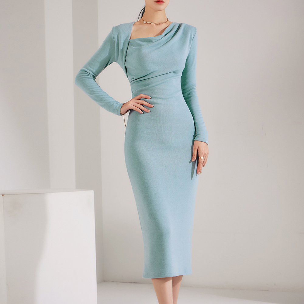 D4624 버네프 fleece-lined Unbalance shoulder Slim midi Dress(6th REORDER) Korea