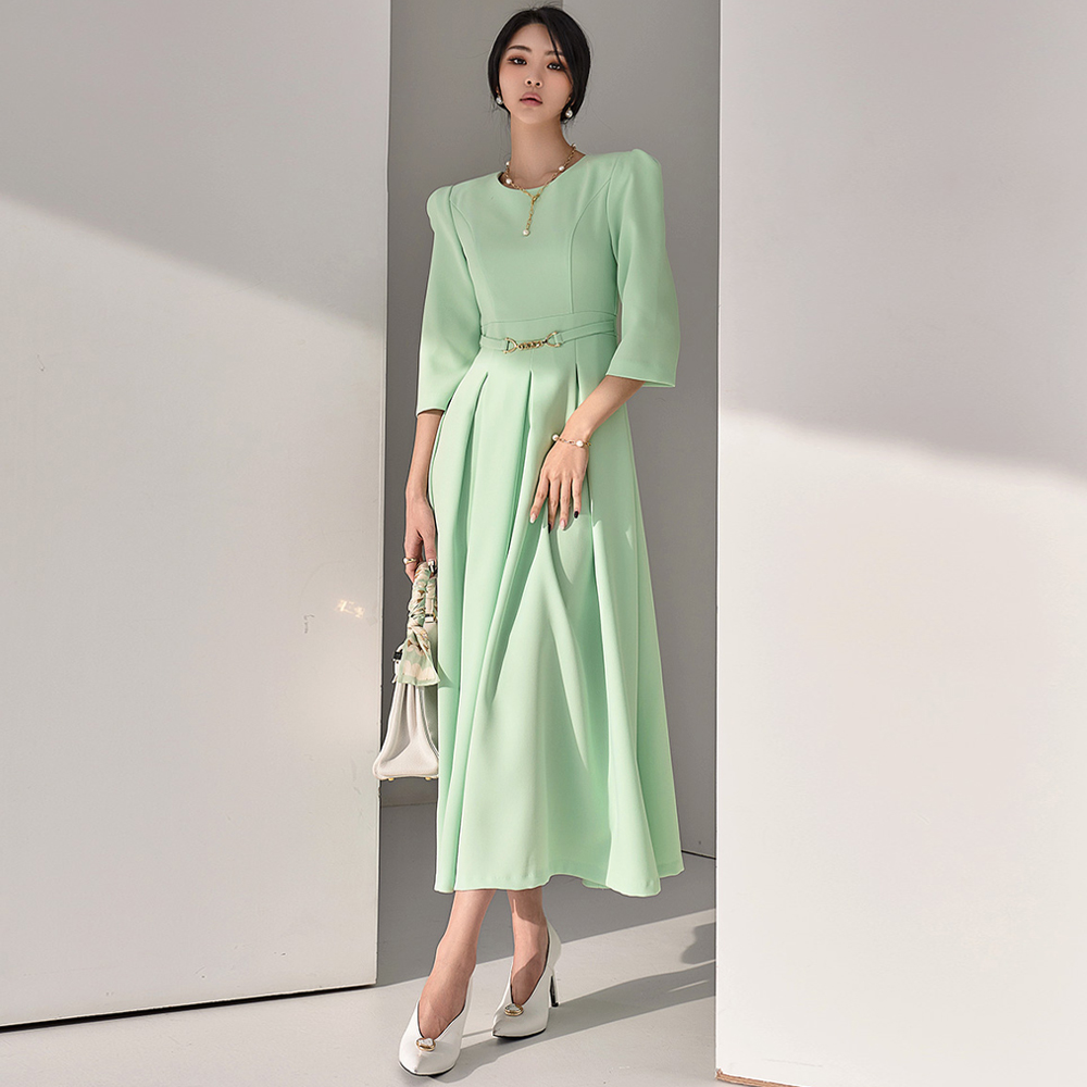 D4628 체니 Puff Buckle pleats Long Dress*MINT Lsize Production*(21st REORDER) Korea