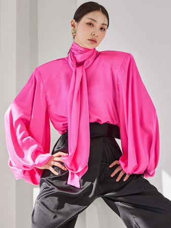 B9144 Satin Scarf Puff blouse Korea