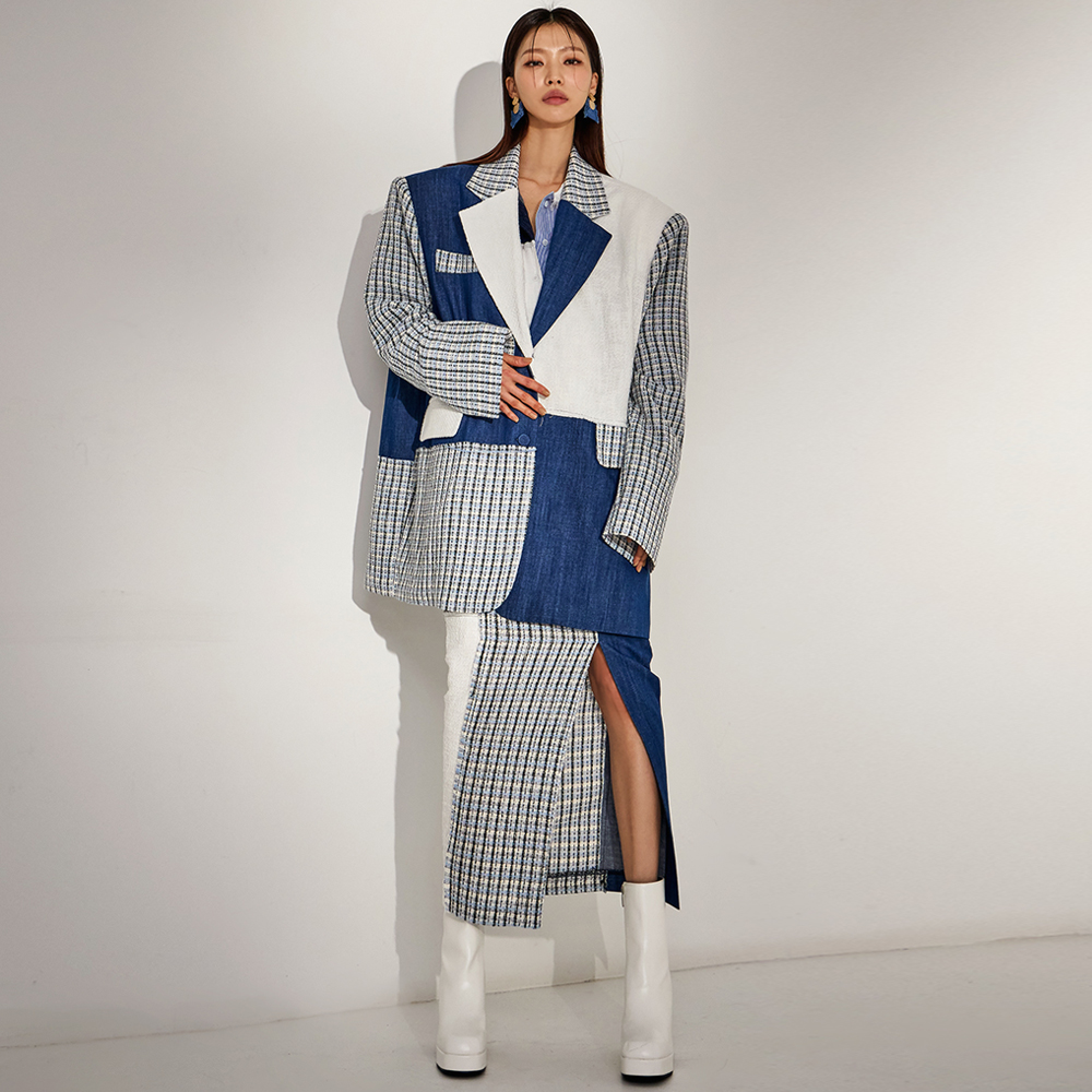 TP9120 Tweed Denim Color scheme over fit single Jacket two-piece set*SET 5%* Korea