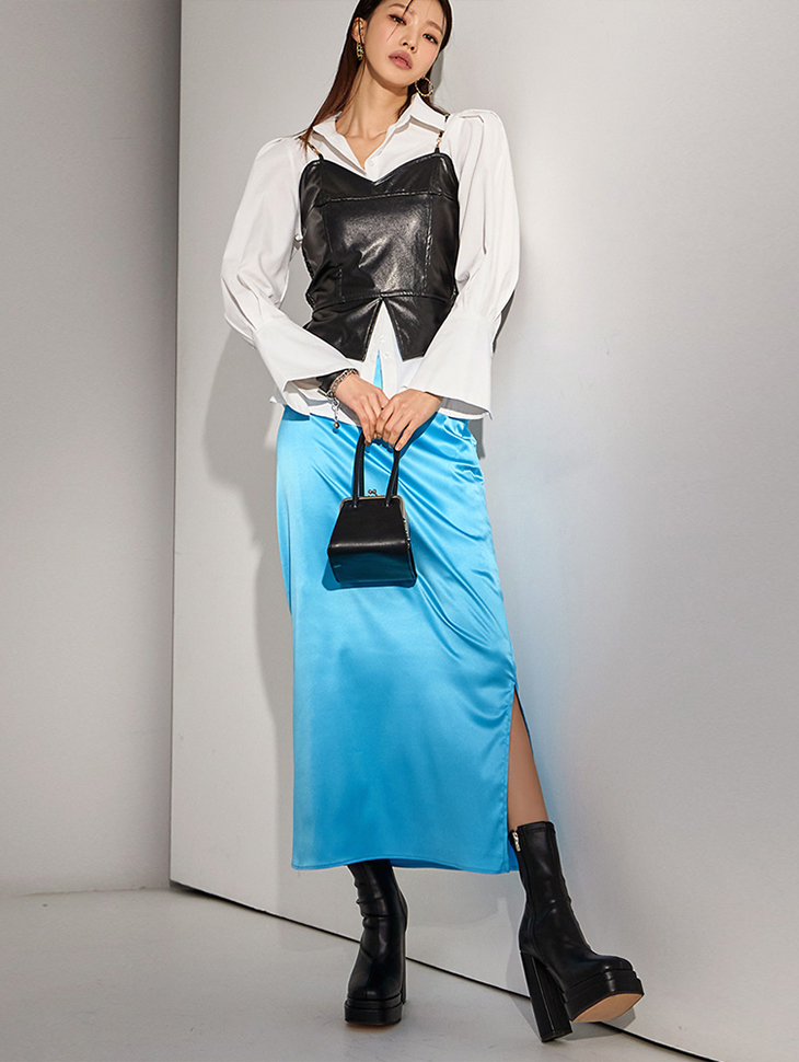 SK2439 Vivid glossy banding midi skirt Korea