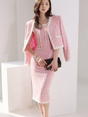 TP1518 Tweed Pattern Sleeveless Midi Dress Two-Piece Set  Korea