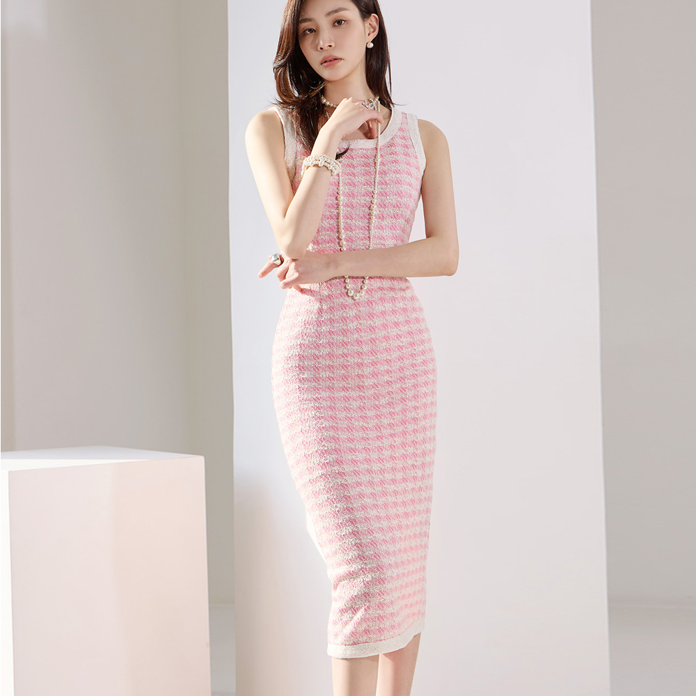 D4635 Tweed Pattern Sleeveless Midi Dress Korea