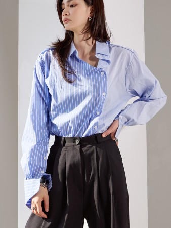 S533 Stripe Unbalanced Wrap Shirt Korea
