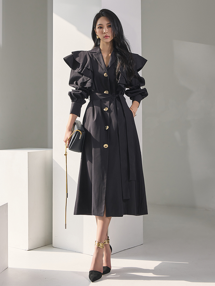  J1822 Shoulder Double Frill Long Coat*Can be worn as a dress*(12nd REORDER) Korea
