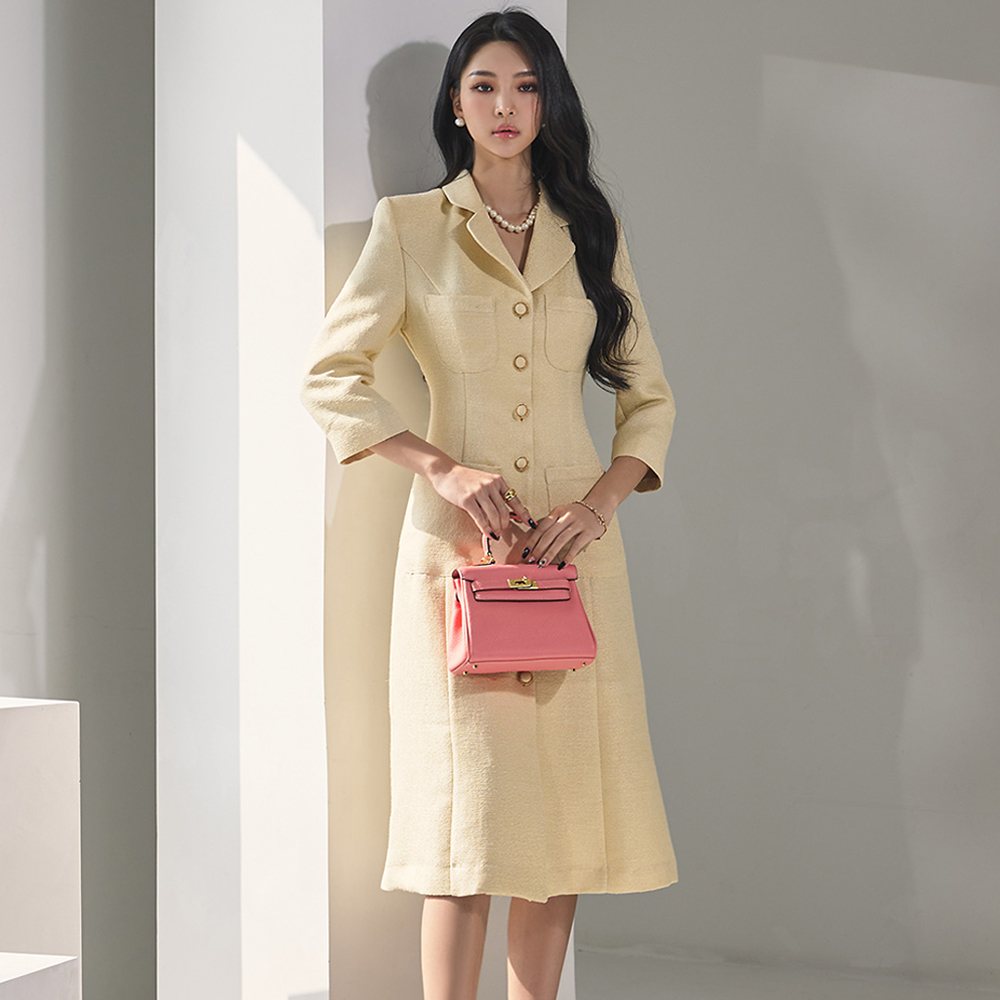 D4644 Tweed Pocket Single Midi Dress Korea