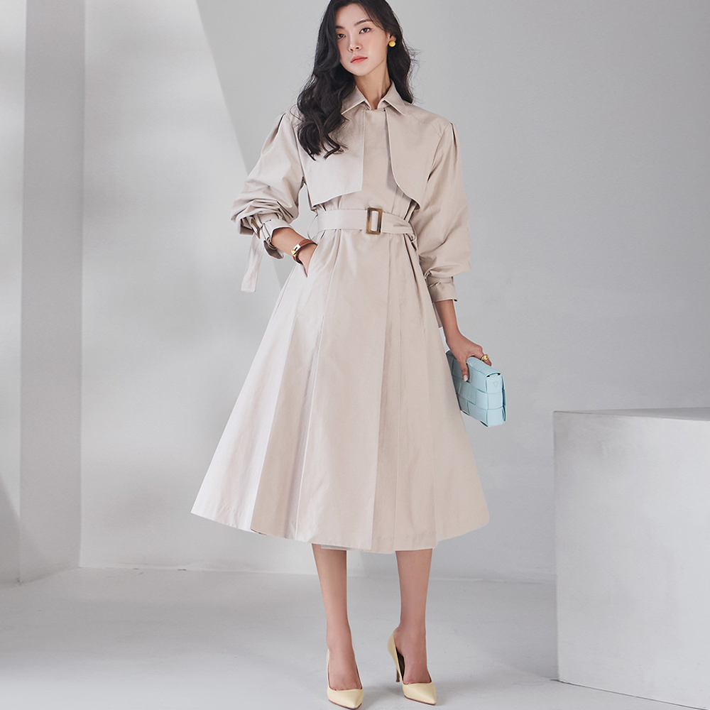 J1826 Collar cape single trench coat(Sleeve,Belt set)*Can be worn as a dress* Korea