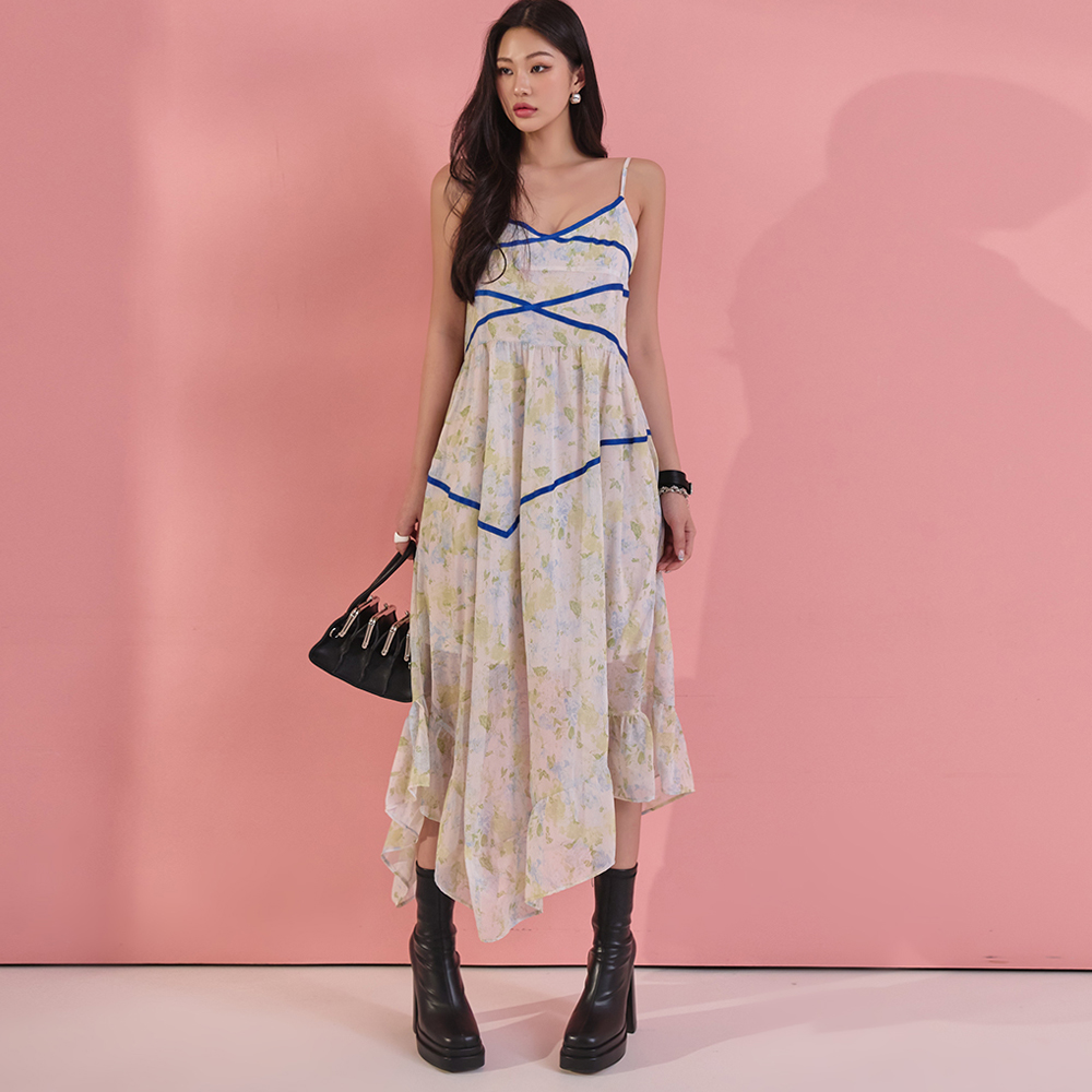 D4650 Printing Taping Sleeveless Dress Korea