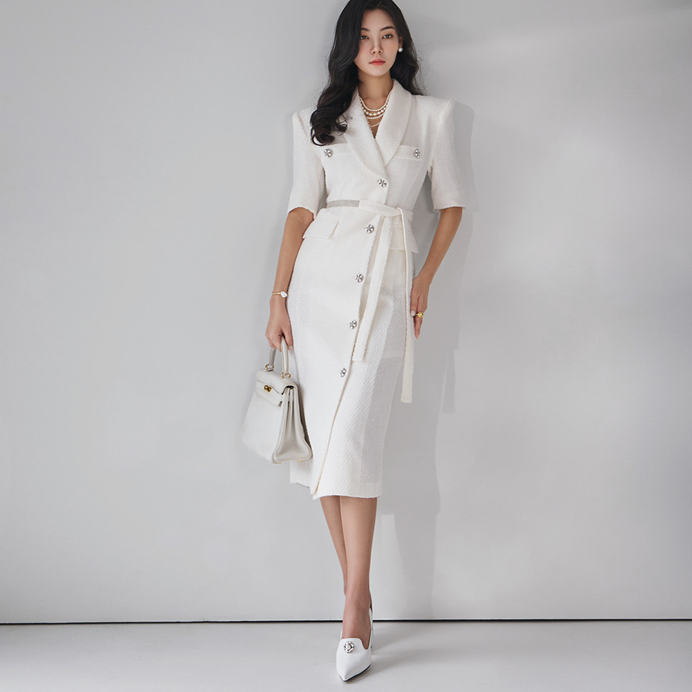 D4646 Shawl Collar Tweed Single Midi Dress(Belt set)*L size production*(6th REORDER) Korea