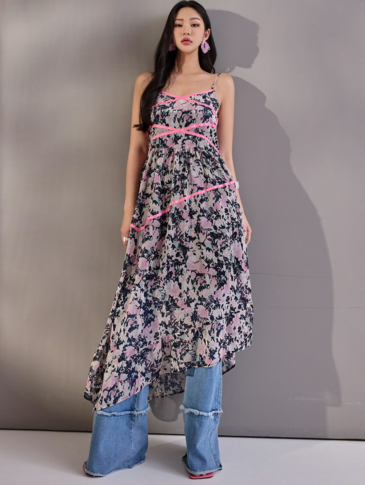 D4650 Printing Taping Sleeveless Dress(Strap Adjustable)(15th REORDER) Korea