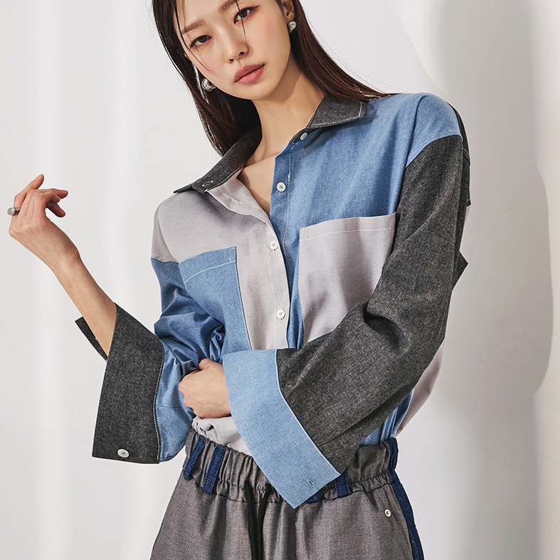 S536 Denim Color Scheme Oversized Fit Shirt Korea