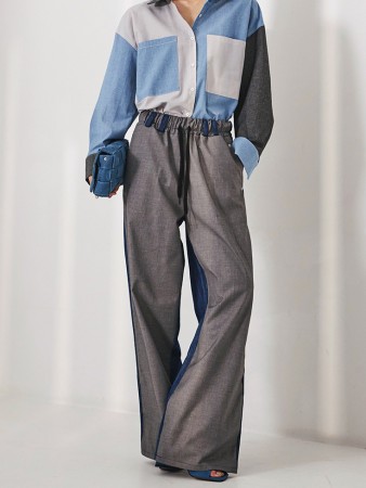 P2810 Denim Color Scheme Wide Pants Korea