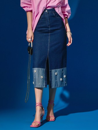 SK2466 Denim Pearl Flower Slit Midi Skirt*L size production* Korea