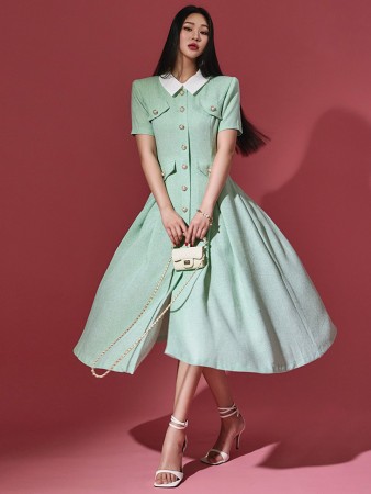 D4664 Tweed Collar A-line Midi Dress*MINT L Size Production* Korea