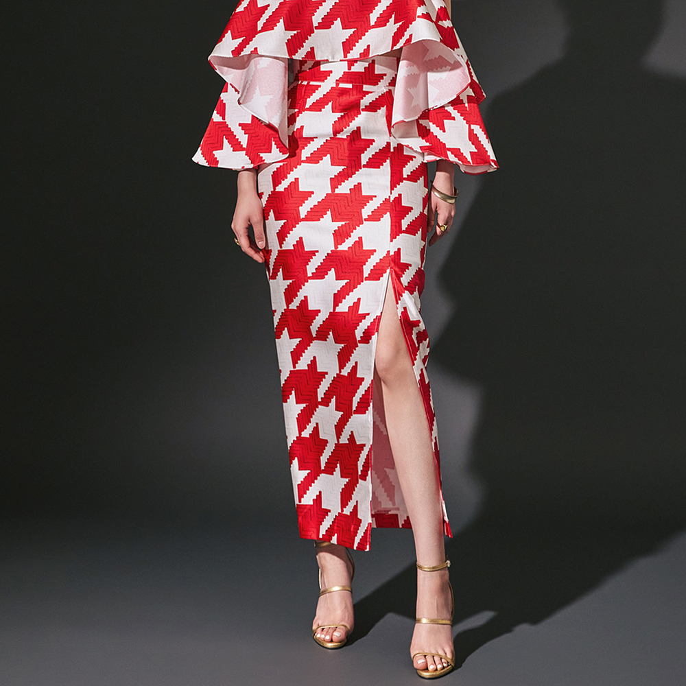 SK9146 Houndstooth Checkered Print Long Skirt Korea