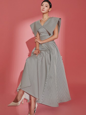 D9426 Big Collar Stripe A-line Long Dress Korea