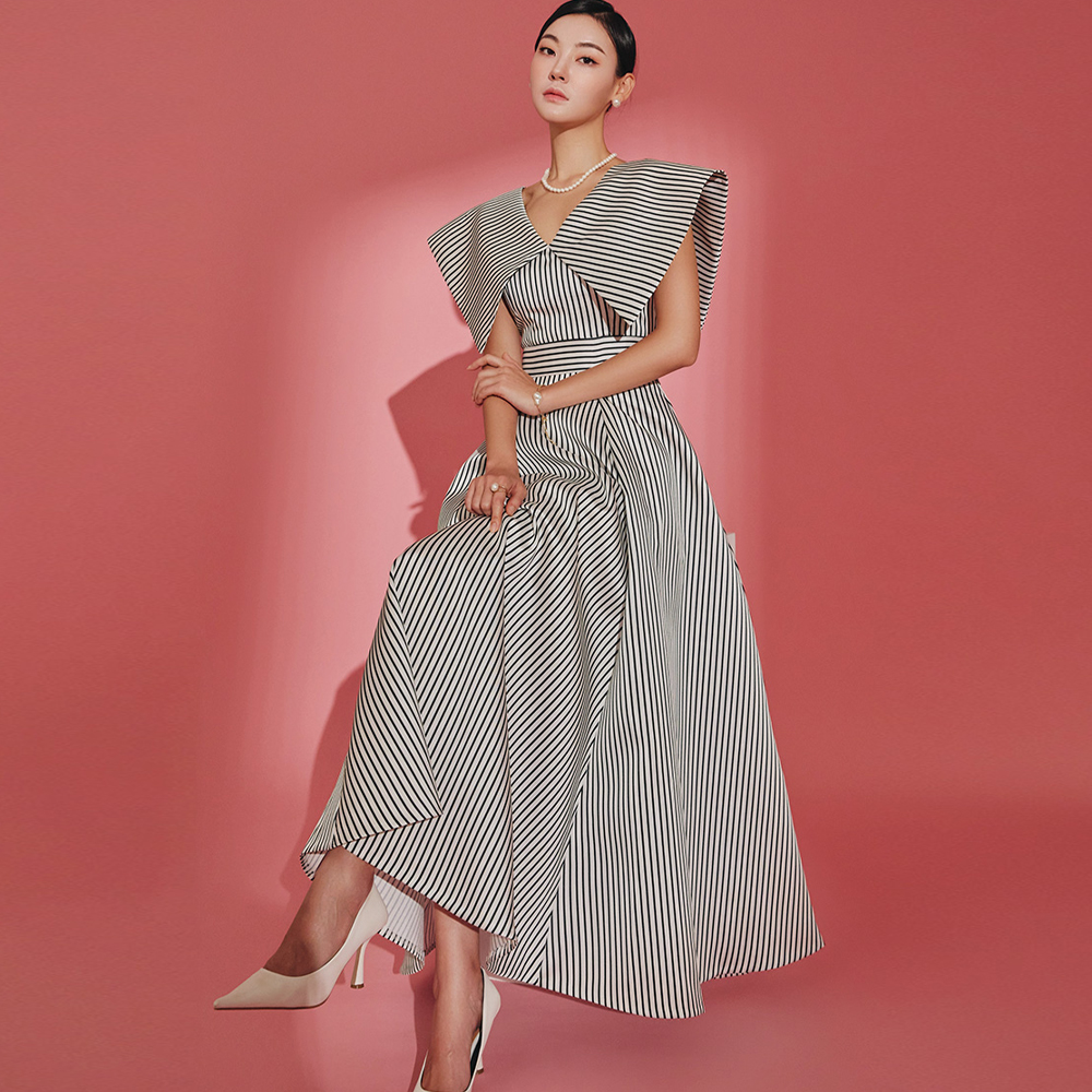 D9426 Big Collar Stripe A-line Long Dress Korea