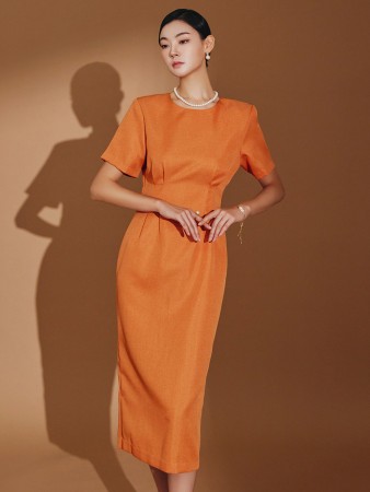 D4675 Pintuck Slim Midi Dress Korea