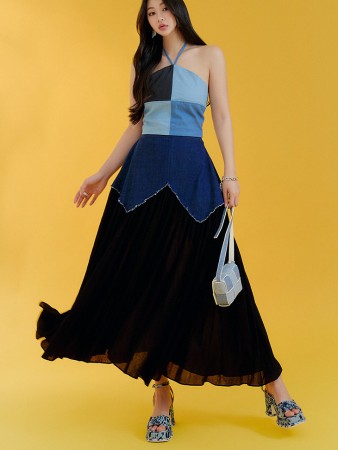 SK2475 Denim Layered Color Scheme Midi Skirt Korea