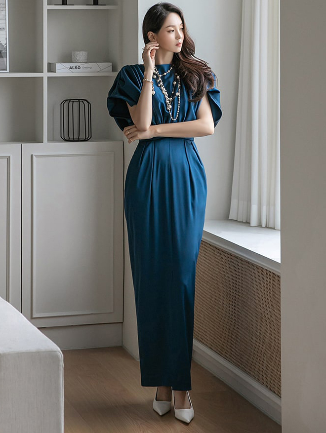 D9286 Shirring pin tuck raglan Half Slim Long Dress Korea