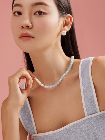 SDAJ-041 Necklace*Natural White Jade, Freshwater Pearl* Korea
