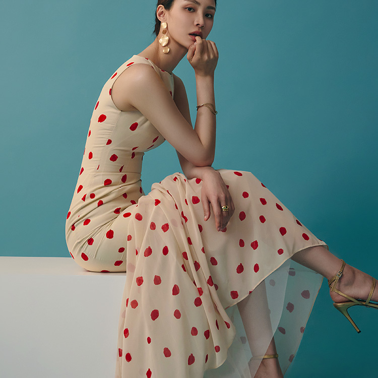 D9412 Dot Shirring Sleeveless Maxi Dress Korea