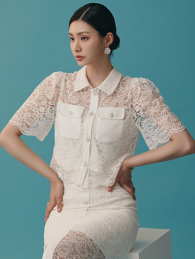 B2815 Collar Lace Crop blouse Korea