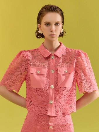 B2857 Lace Jewelry Button Short-sleeve blouse Korea