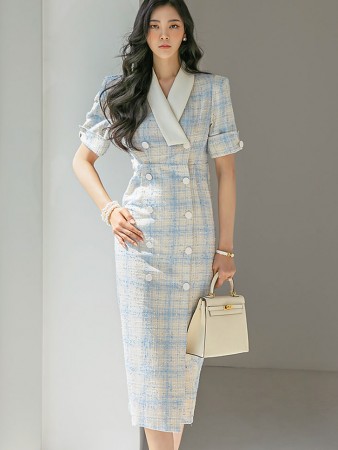 D4458 Contrasting Color Tweed Pattern Midi Dress Korea