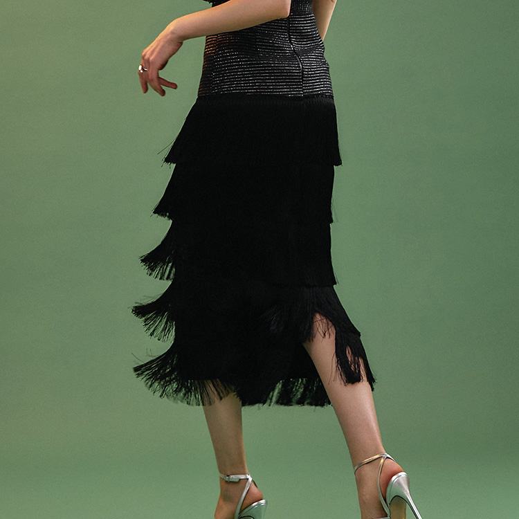 SK9201 Tweed Cascading Fringe Midi Skirt Korea