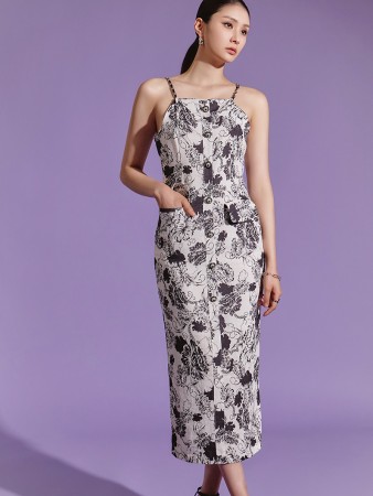 D4716 Linen Flower Chain Sleeveless Slim Midi Dress Korea