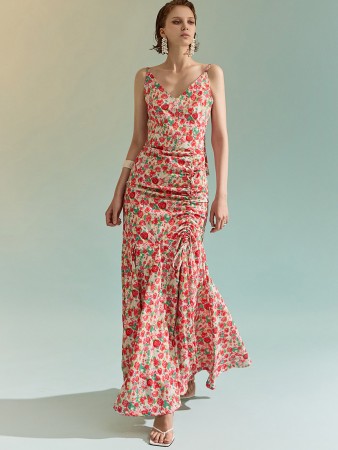D9444 Floral Shirring Slim Maxi Dress Korea
